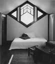 Peters House bedroom with diamond window and tent ceiling. Photographer Mati Maldre, Chicago, Illinois, 1989