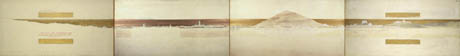 Section A-B Northerly Side of Water Axis: Black Mountain to Lake Park. Set of 4 drawings drawn by Marion Mahony Griffin in ink and gold leaf 6 metres (20feet) long, for the federal capital competition. From the collection of the National Archives of Australia A710, 39-42.