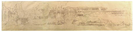 Marion Mahony Griffin, architect and delineator; Henry Ford Dwelling, Dearborn, Michigan, 1912 (not built); Positive Vandykeprint on drafting cloth; sheet: 15-3/4 x 54-3/4 inches; Mary and Leigh Block Museum of Art, Northwestern University, gift of Marion Mahony Griffin, 1985.1.119.