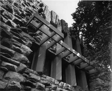Melson House, detail of windows and wood window hood, 1990. Photographer Mati Maldre, Chicago, Illinois