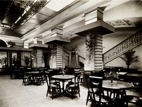 Afternoon Tea Room and stairway to balcony of Banquet Hall at Café Australia, Melbourne, c. 1917. Photograph from Magic of America by Marion Mahony, Vol 3 page 67b. Collection of The New-York Historical Society 78495d