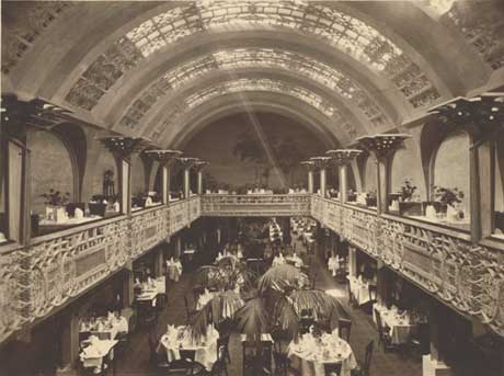 Main dining hall of Café Australia with balcony and mural, 1916–1919. National Library of Australia, Eric Milton Nicholls collection, PIC/9929/660, Album 1092/3