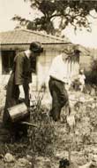 Marion Mahony Griffin and Walter Burley Griffin gardening in the backyard of “Pholiota”, Heidelberg, Victoria. National Library of Australia PIC P490/7