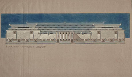 Lucknow University Library, second design, 1936. Drawing in ink and watercolour by Marion Mahony Griffin. Avery Architectural and Fine Arts Library, Columbia University, New York.