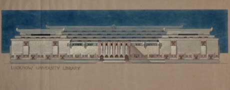 Elevation of Lucknow University Library, second design, Lucknow, 1936. Avery Architectural and Fine Arts Library, Columbia University 