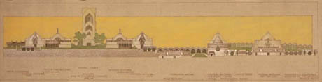 United Provinces Industrial and Agricultural Exhibition, Lucknow, India. One of two elevations of the trade fair drawn in ink and watercolour on paper by Marion Mahony Griffin. Avery Architectural and Fine Arts Library, Columbia University, New York. Walter Burley Griffin designed the 95 acre site plan as well as the numerous temporary pavilions.
