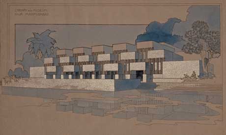 Library and Museum for the Raja  of Mahmudabad, Mahmudabad, perspective drawing by Marion Mahony Griffin, 1937. Avery Architectural and Fine Arts Library, Columbia University 