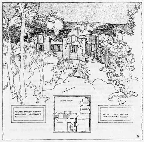 Perspective drawing of unbuilt project for Lot 181 The Bastion, Castlecrag  illustrated in Castlecrag Homes, a promotional booklet published by the Griffin office c.1929. Walter Burley Griffin Society Inc. Collection