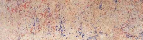 This original stippled paint finish of ochre and blue colours was restored using a poultice to carefully remove the layers of more recent paint. Photograph of part of the dining room wall at GSDA No.1 Dwelling, Castlecrag restored by Historic Houses Trust of NSW in 1993/94